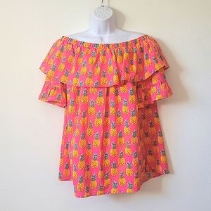 new glory cute pineapple print off the shoulder ruffle sleeve top 1X